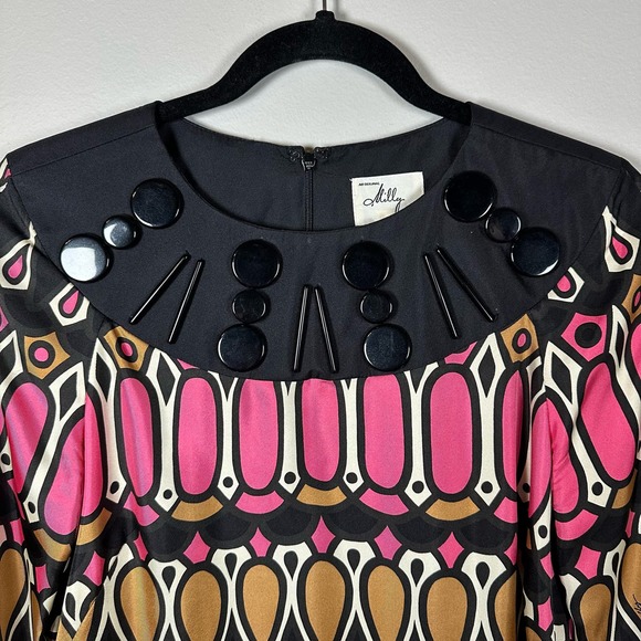 Milly of New York Size 4 100% Silk Black Pink Tan Beaded 3/4 Sleeve Dress - Picture 3 of 6